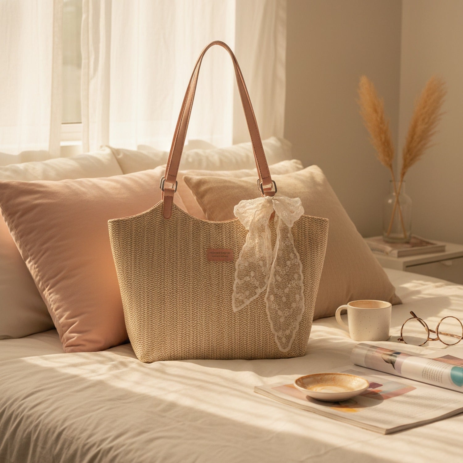Cream Woven Tote Bag With Lace Scarf