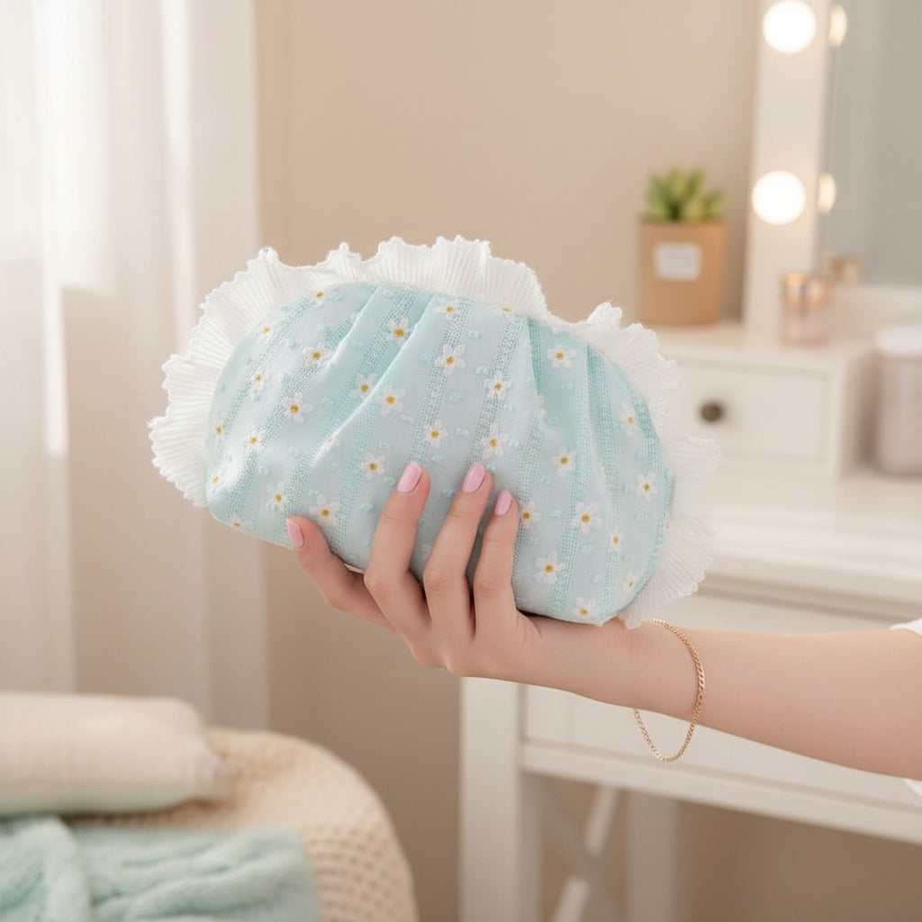 Light Blue Daisy Floral Ruched Cosmetic Bag