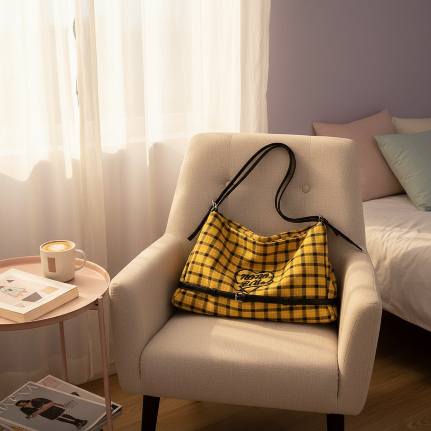 Yellow Plaid Shoulder Bag With Heart Charm