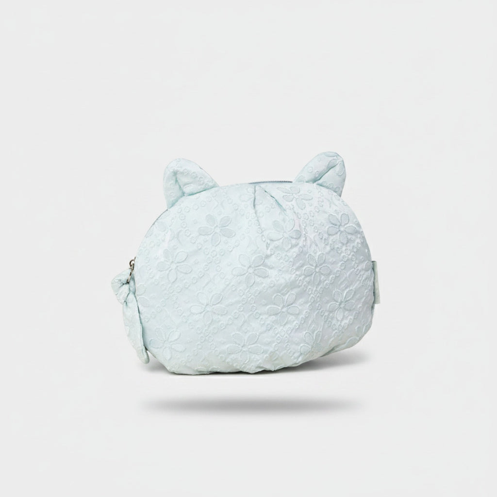 Mint Floral Embroidered Cat Ear Cosmetic Bag
