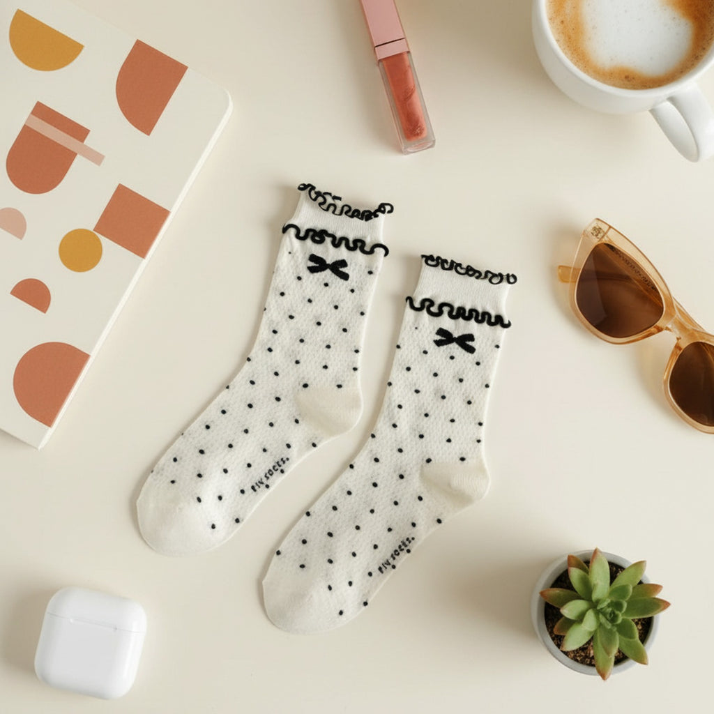 Cream Polka Dot Crew Socks With Bow