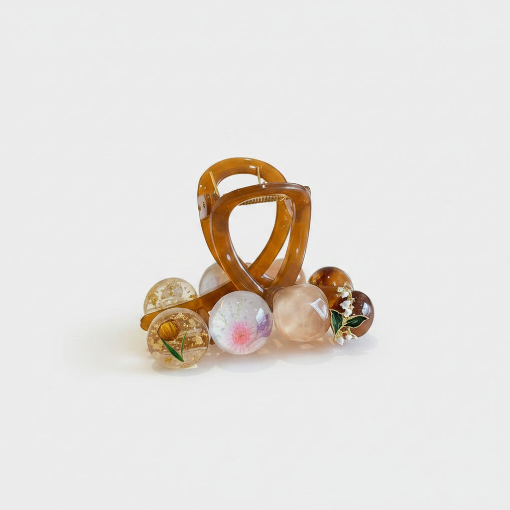 Amber Hair Claw With Floral Resin Spheres