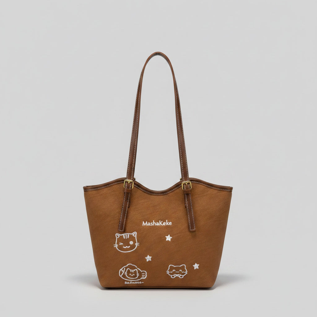 Brown Leather Tote Bag With Cat Star Charms