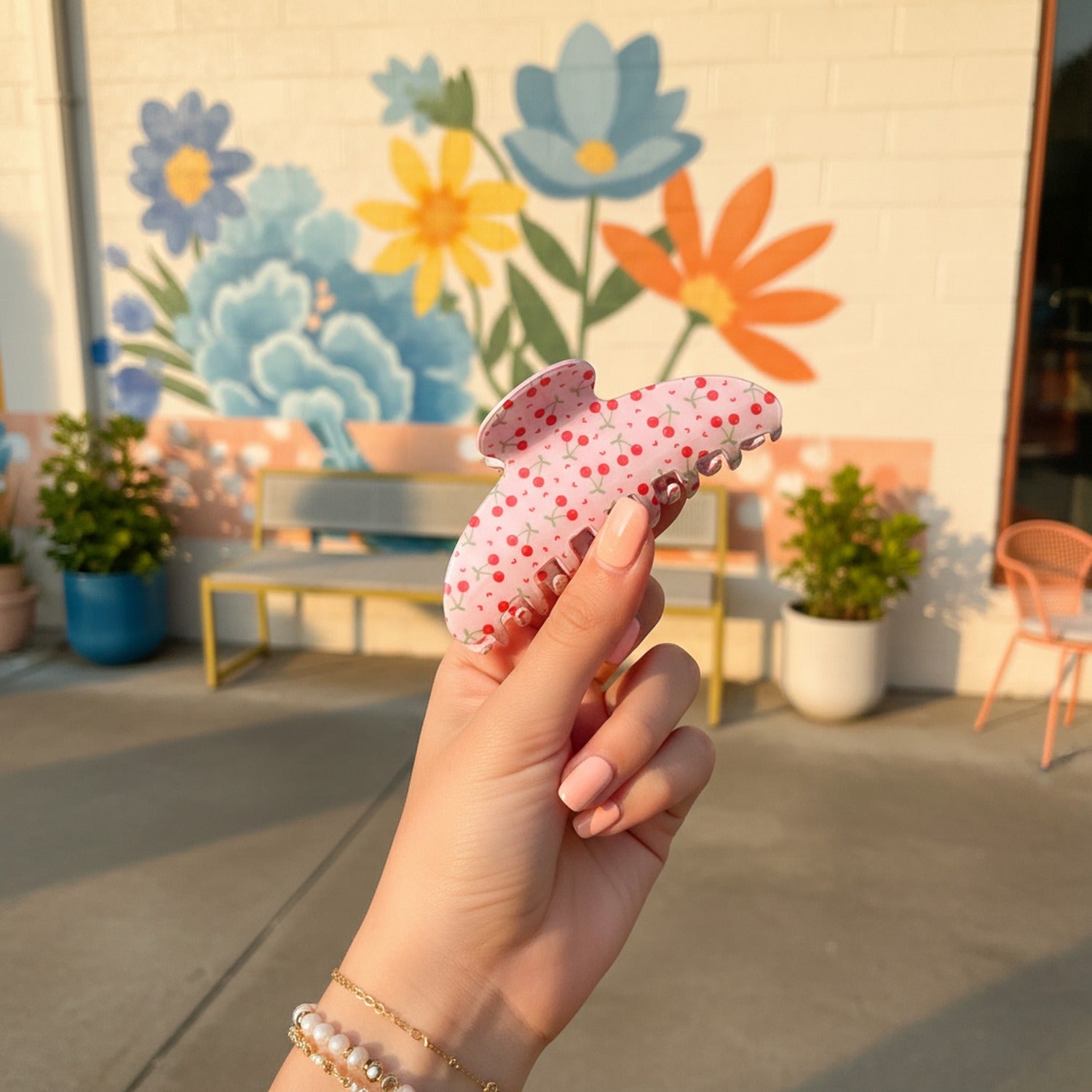 Pink Floral Beaded Hair Claw Clip