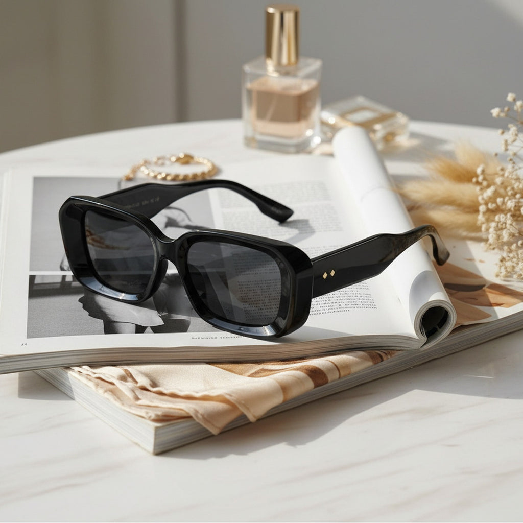 Black Chunky Square Sunglasses With Gold Studs