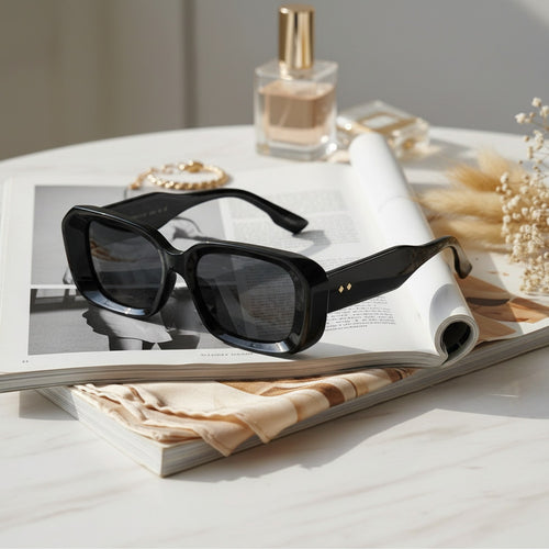Black Chunky Square Sunglasses With Gold Studs