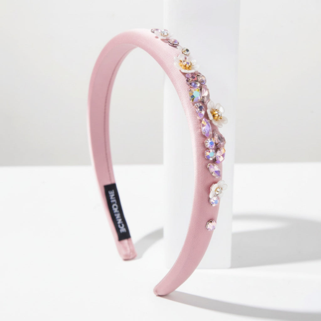 Pink Padded Headband With Rhinestone Flowers