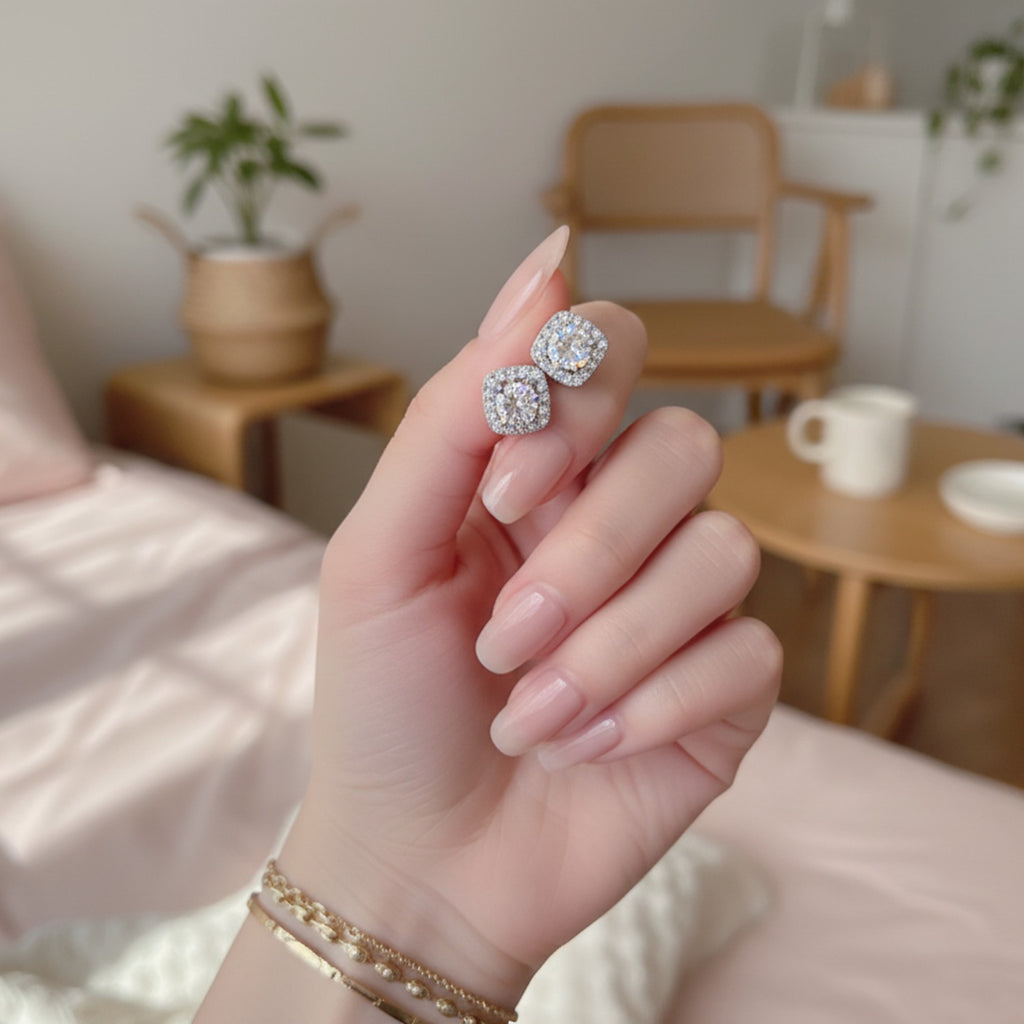 Square Halo Rhinestone Stud Earrings