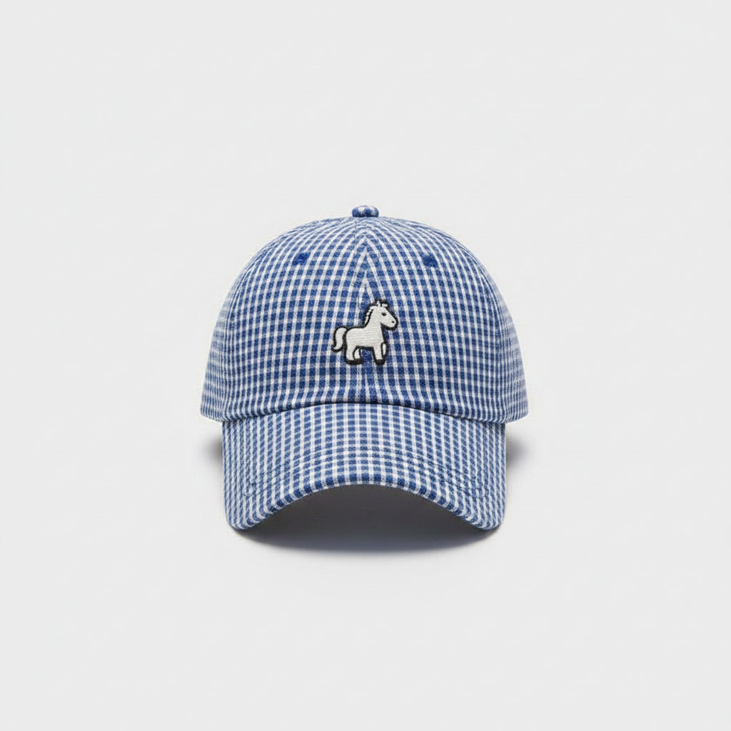 Blue Gingham Check Cap With Horse Emblem
