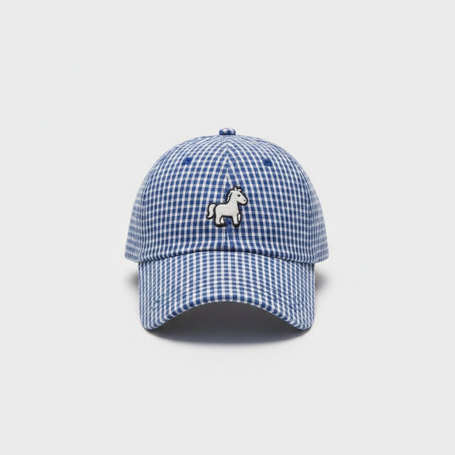 Blue Gingham Check Cap With Horse Emblem