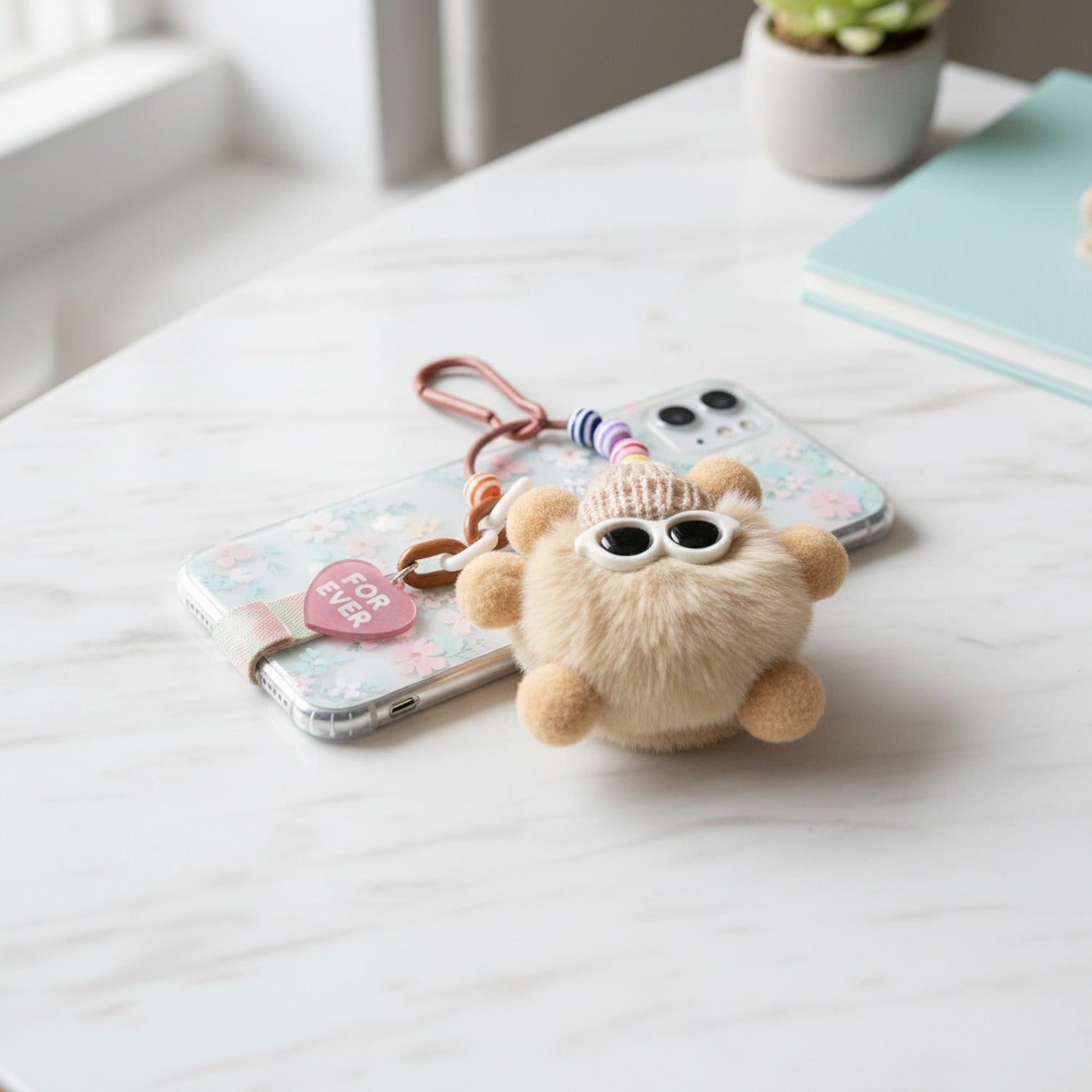 Fuzzy Beige Owl Acrylic Keyring With Beaded Charms