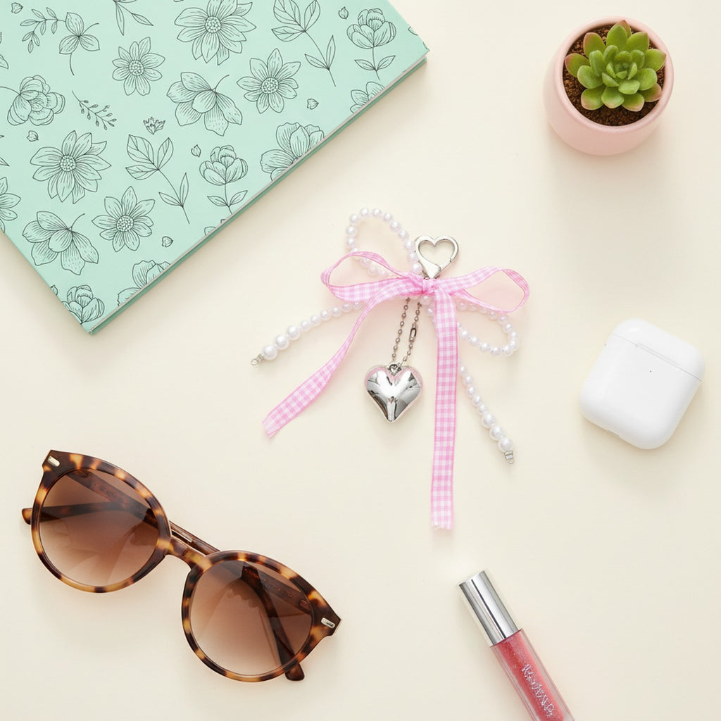 Pearl Beaded Heart Charm Keyring With Pink Bow