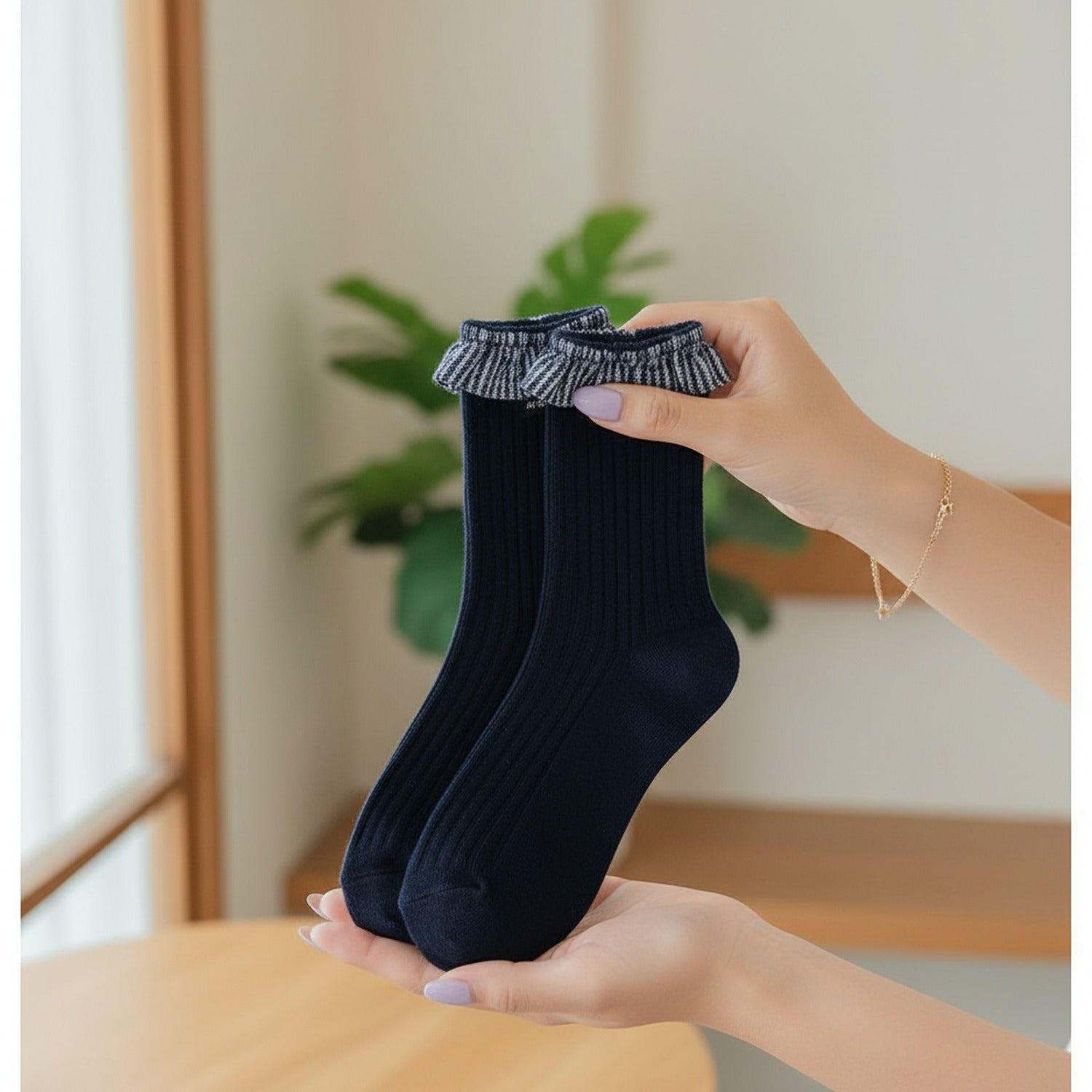 Navy Ribbed Crew Socks With Plaid Ruffle Trim