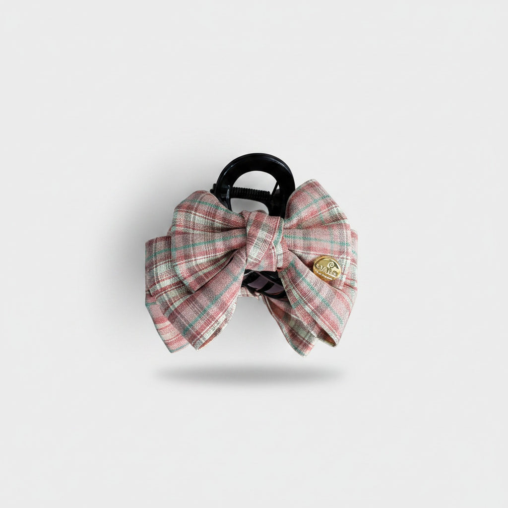 Plaid Bow Hair Claw Clip Pink