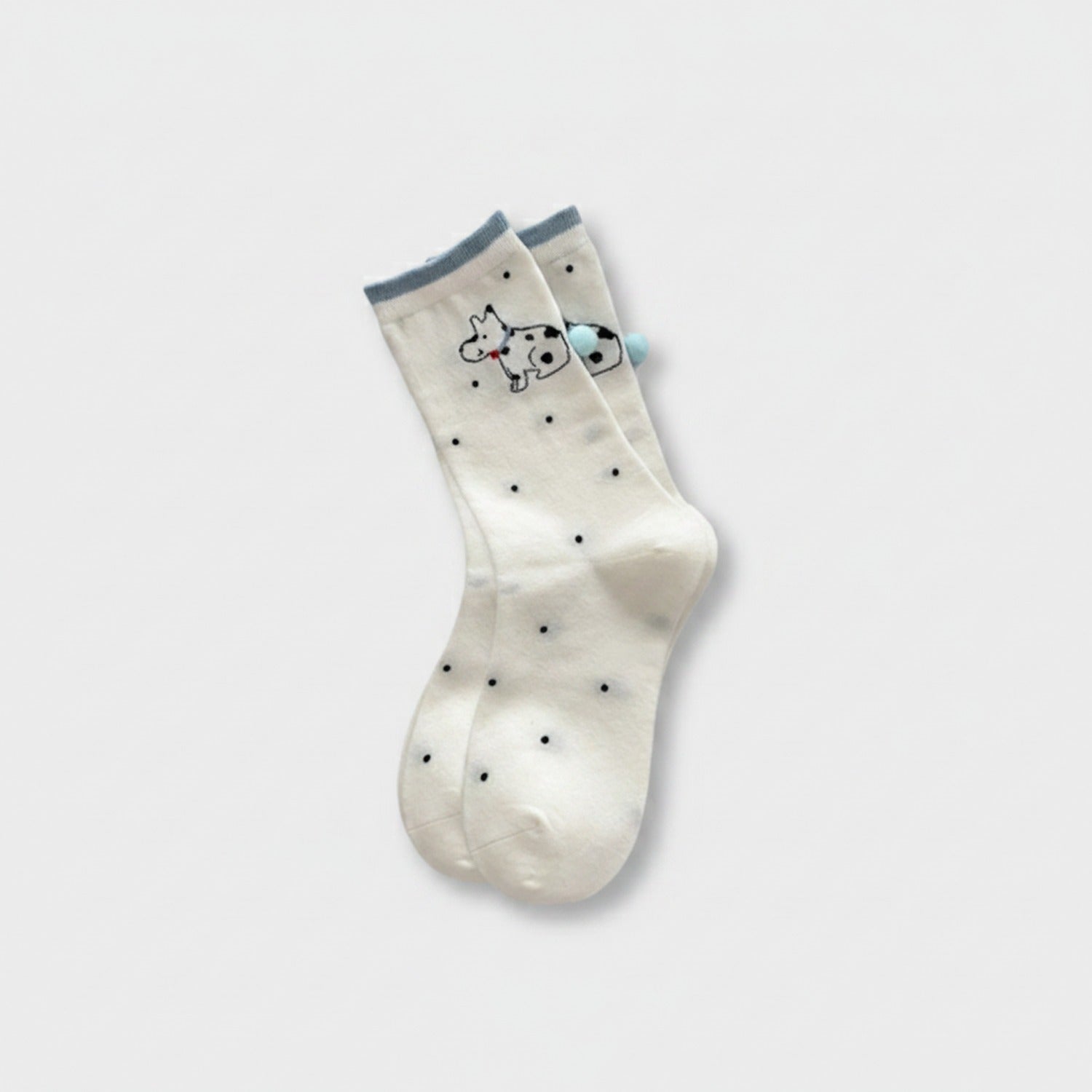 Cream Cow Print Polka Dot Crew Socks