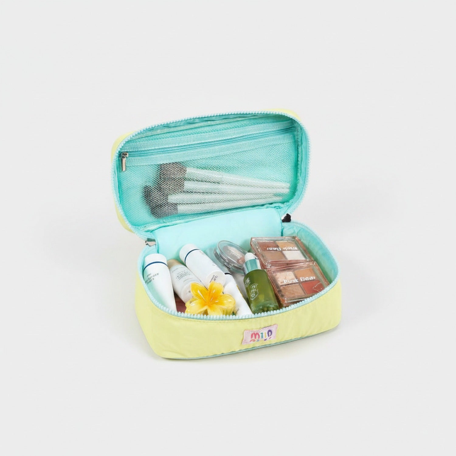 Pastel Blue & Pink Cosmetic Bag With Flower Charm
