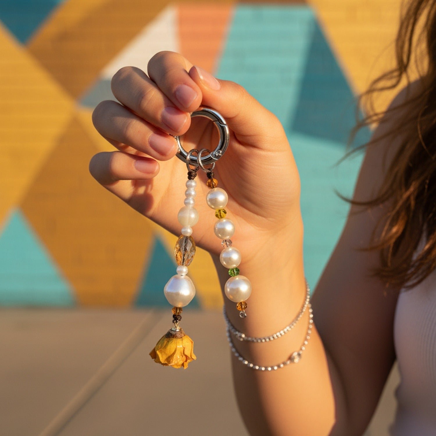 Beaded Pearl Flower Charm Acrylic Keyring