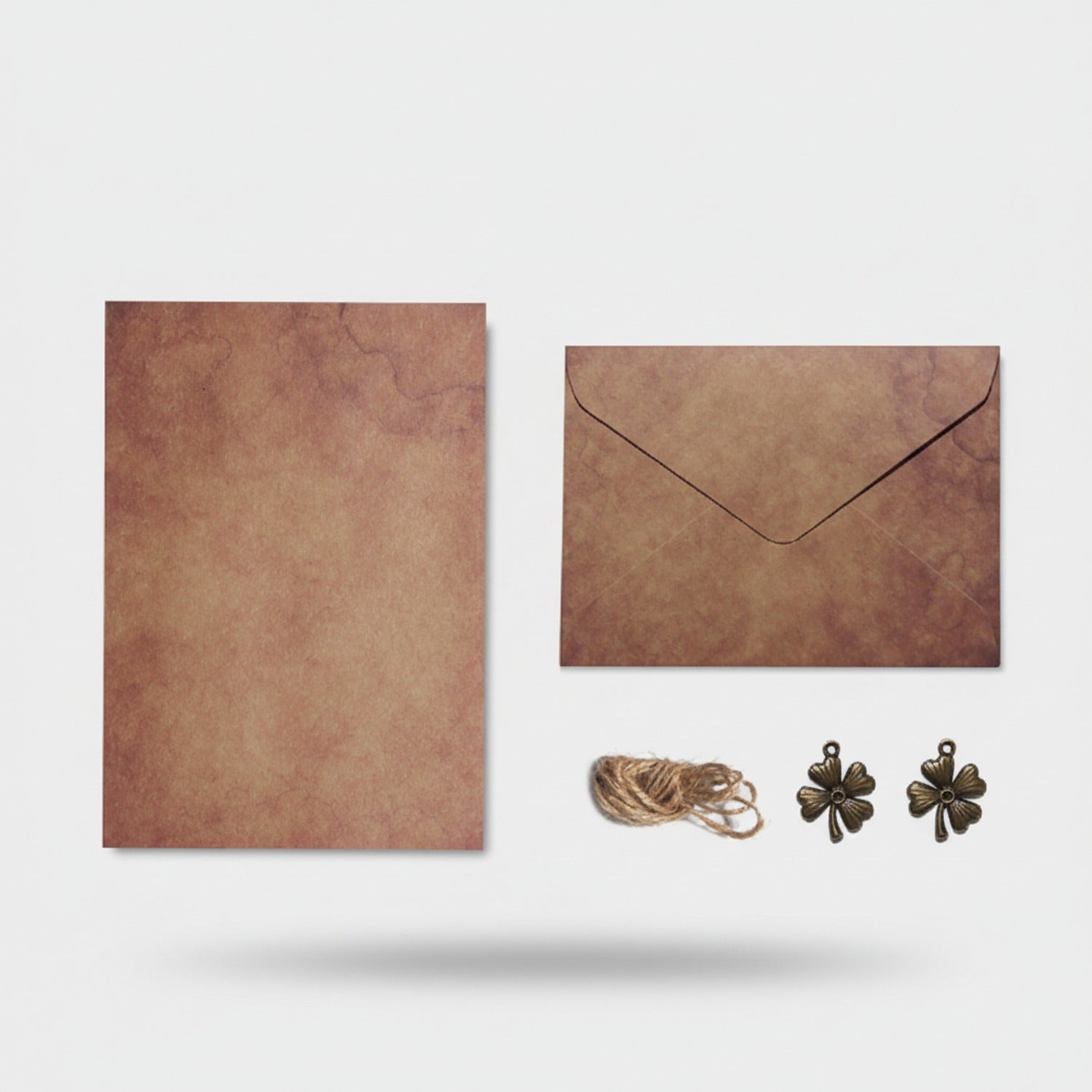 Vintage Brown Kraft Paper Envelope Set With Flower Charms
