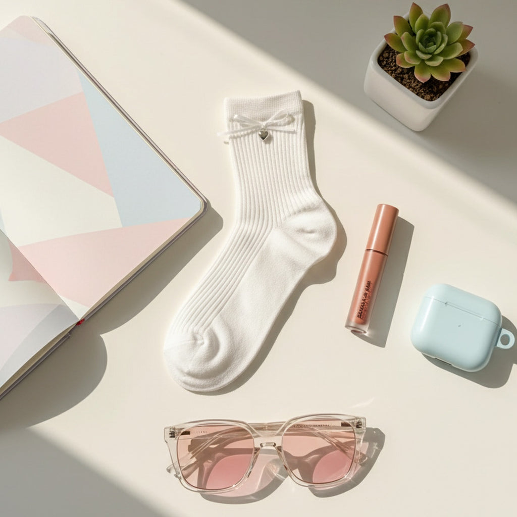 White Ribbed Crew Socks With Bow Detail