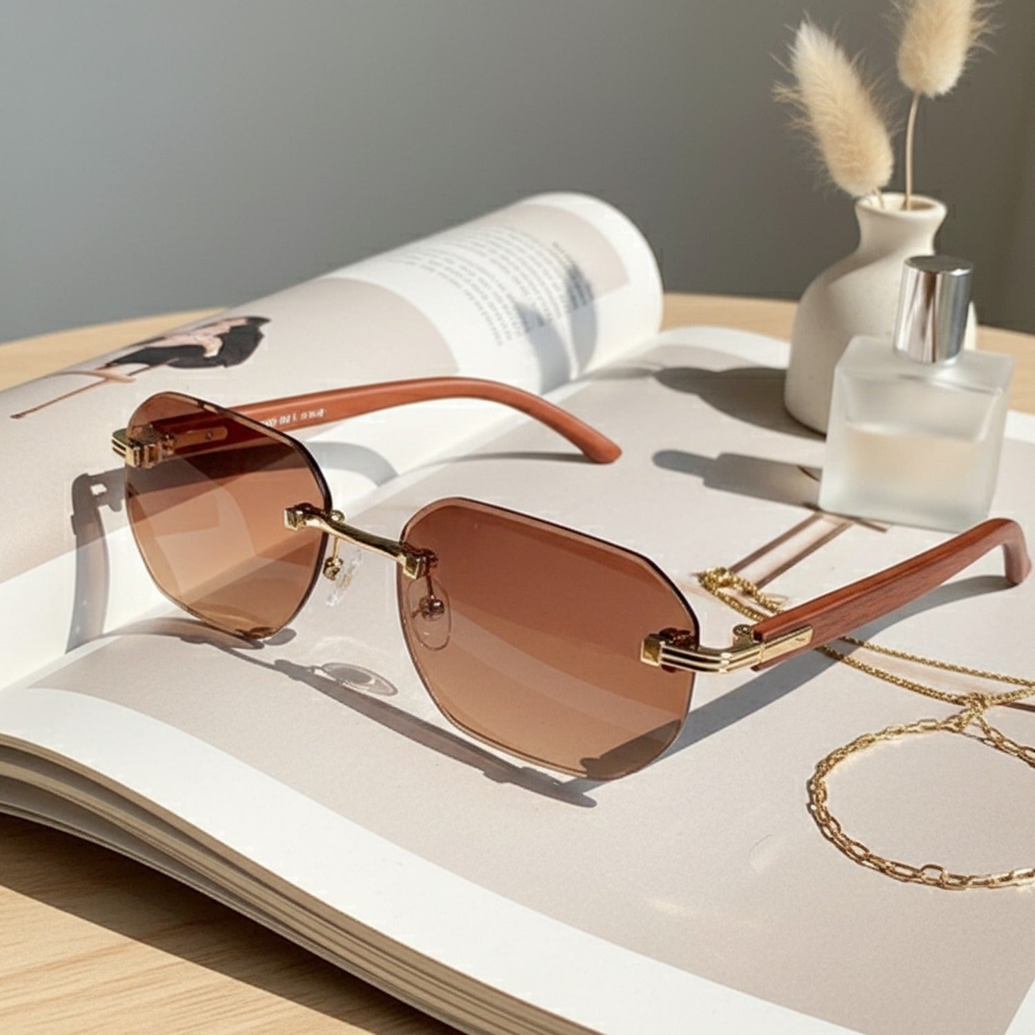 Rimless Brown Gradient Sunglasses Gold Bridge