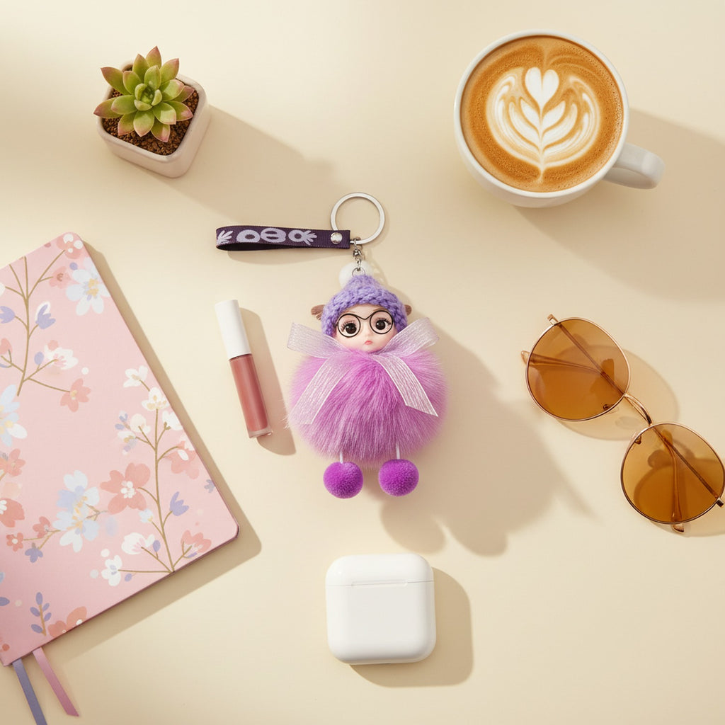 Pink Fuzzy Doll Keyring With Glasses Charm