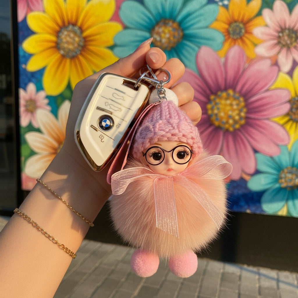 Pink Fuzzy Doll Keyring With Glasses Charm