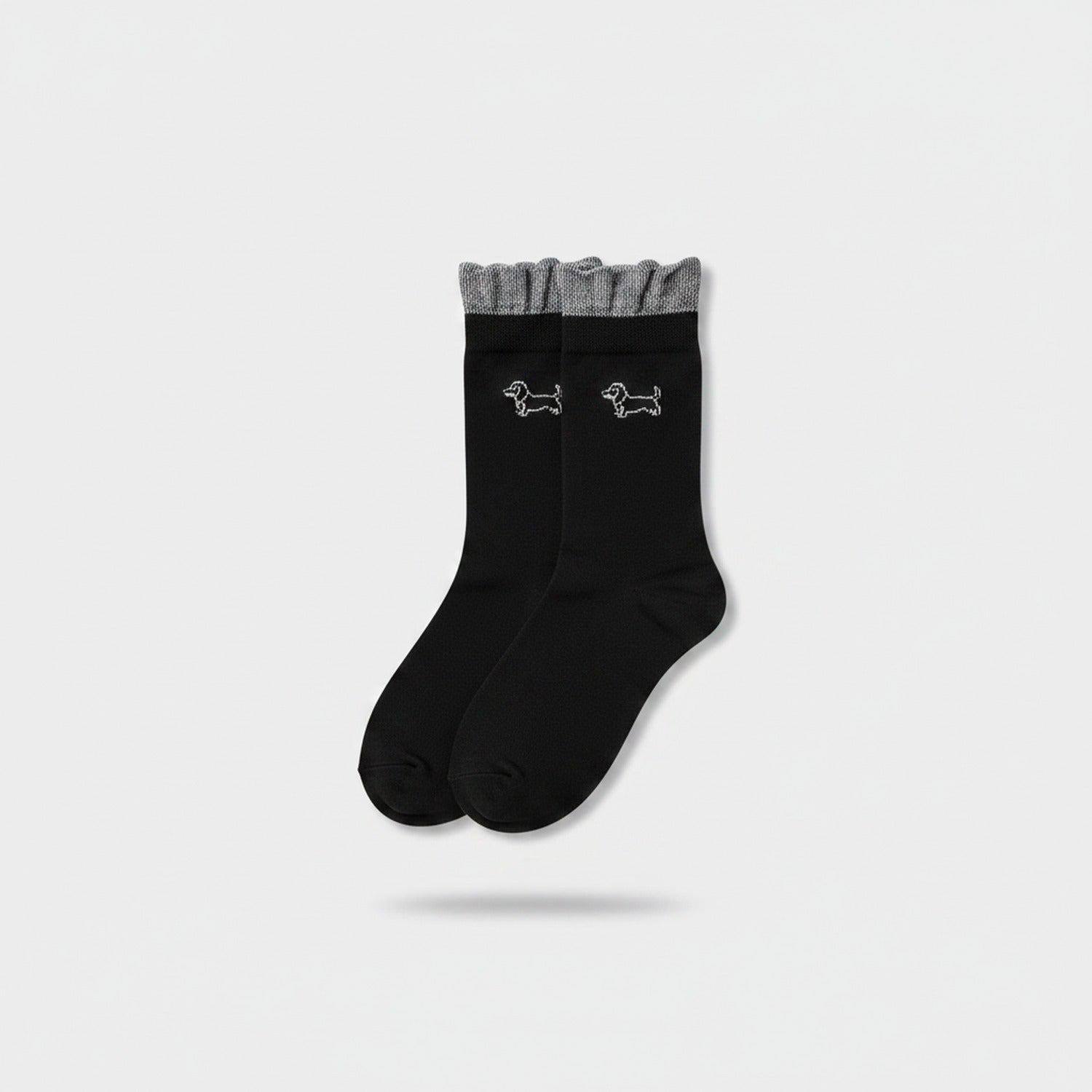 Cream Dachshund Embroidered Socks With Pink Ruffle Cuff