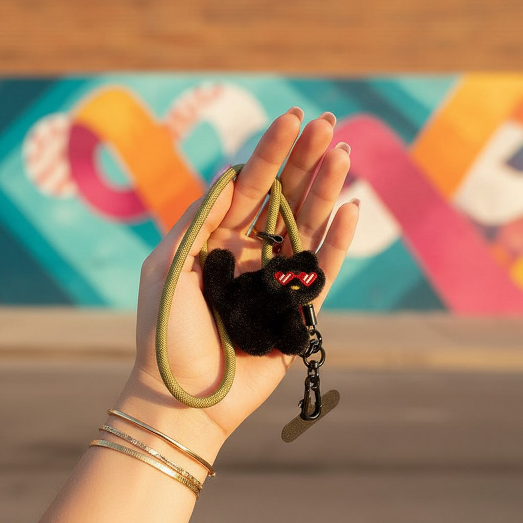 Black Fuzzy Cat Phone Charm Strap