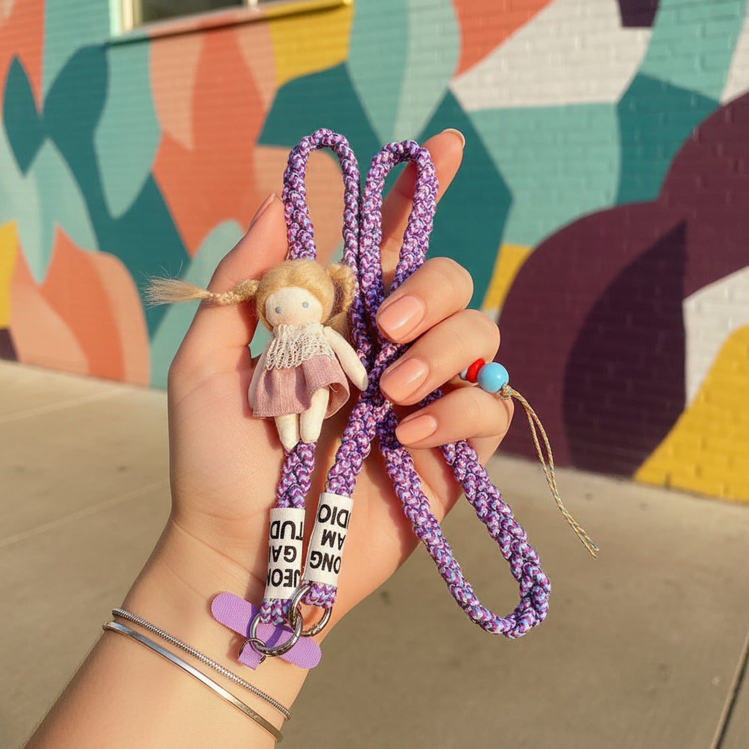 Purple Braided Rope Phone Charm With Doll
