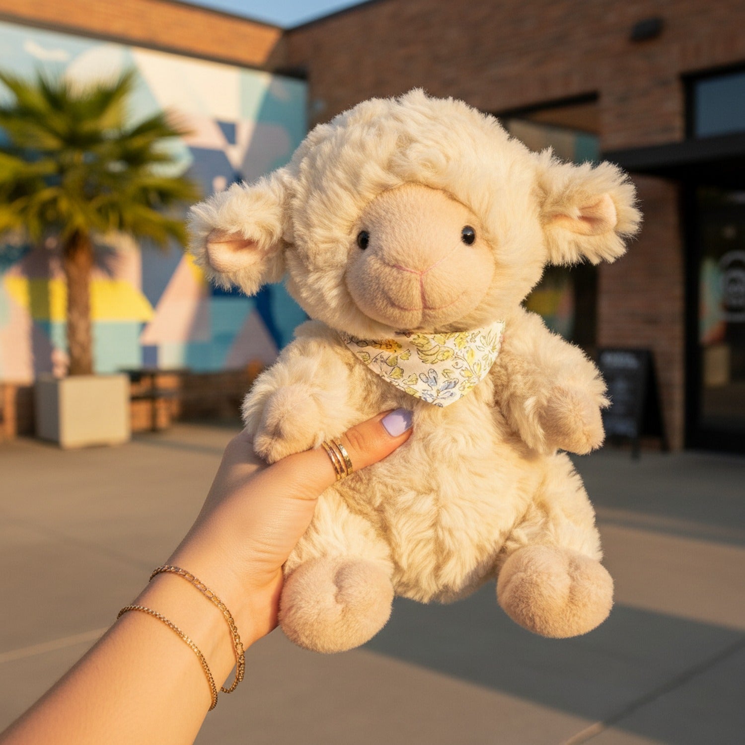 Cream Plush Lamb With Floral Bandana