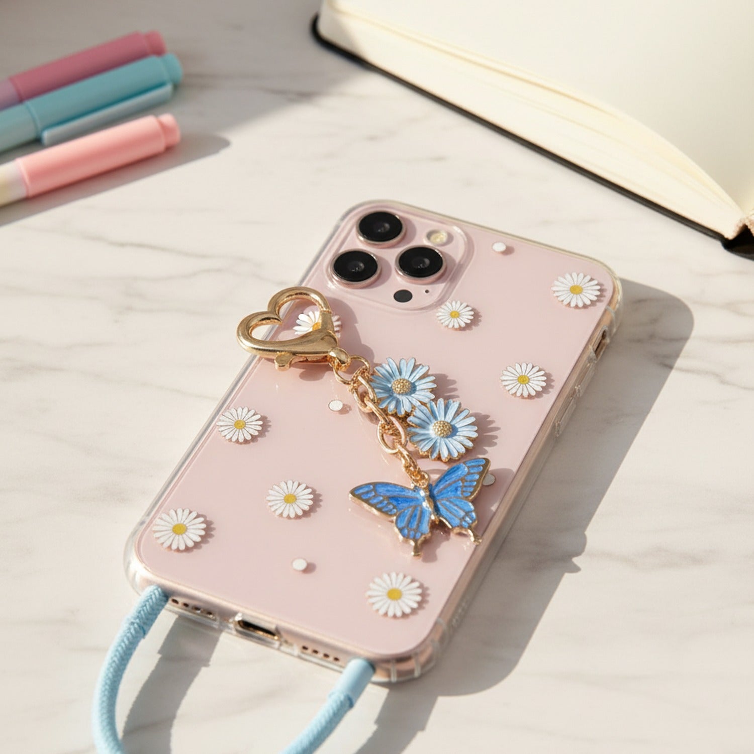 Blue Butterfly Daisy Flower Acrylic Keyring Charm