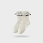 Cream Ribbed Crew Socks With Lace Ruffle