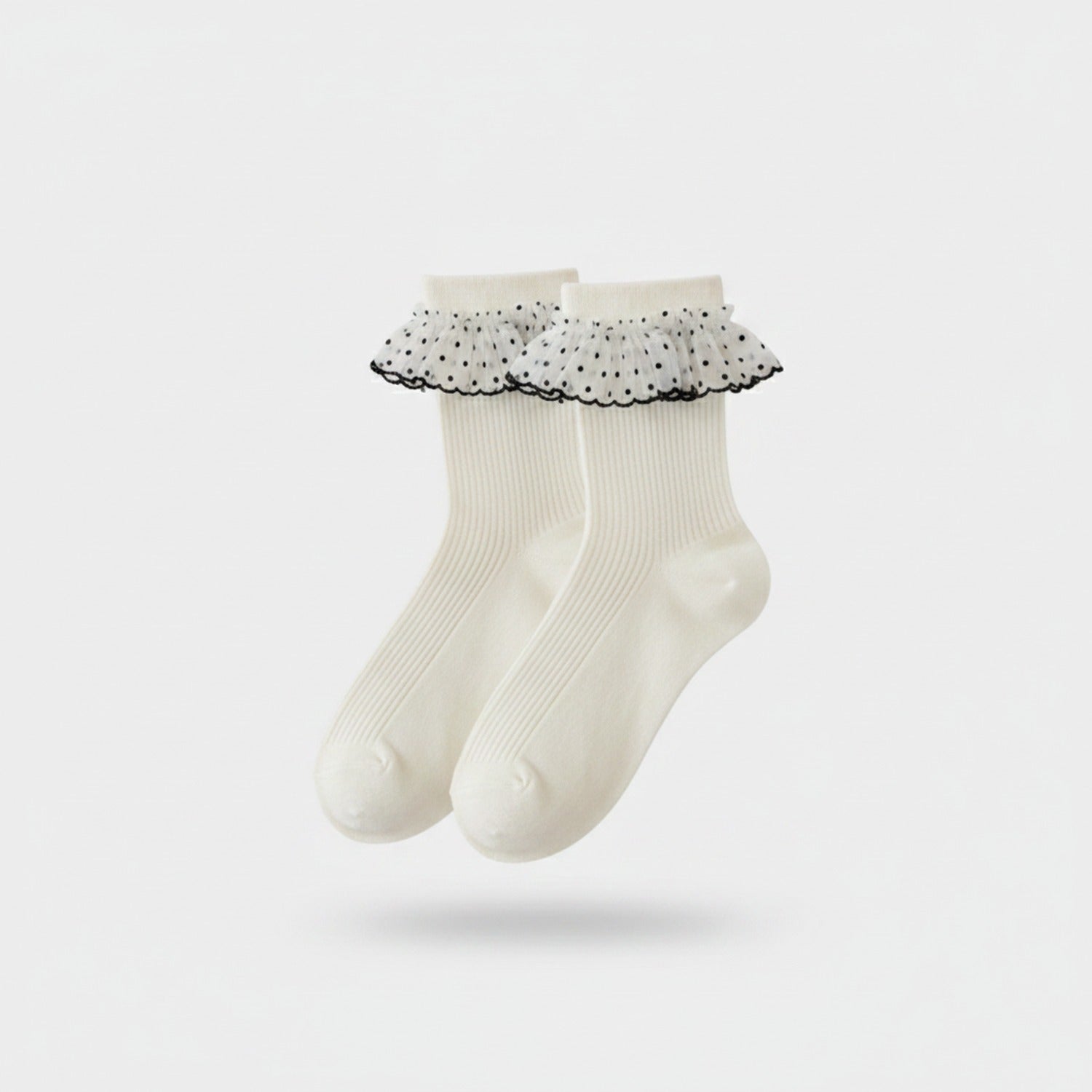 Cream Ribbed Crew Socks With Lace Ruffle