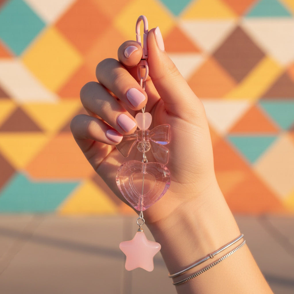 Pink Acrylic Heart Bow Star Keychain Charm