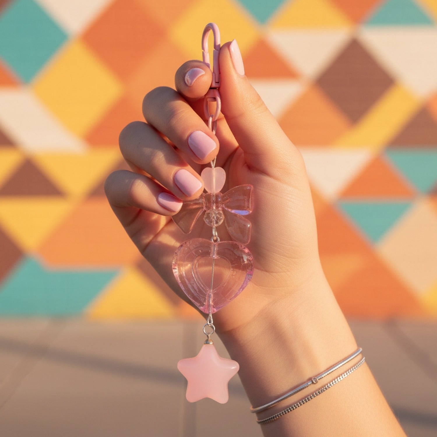 Pink Acrylic Heart Bow Star Keychain Charm