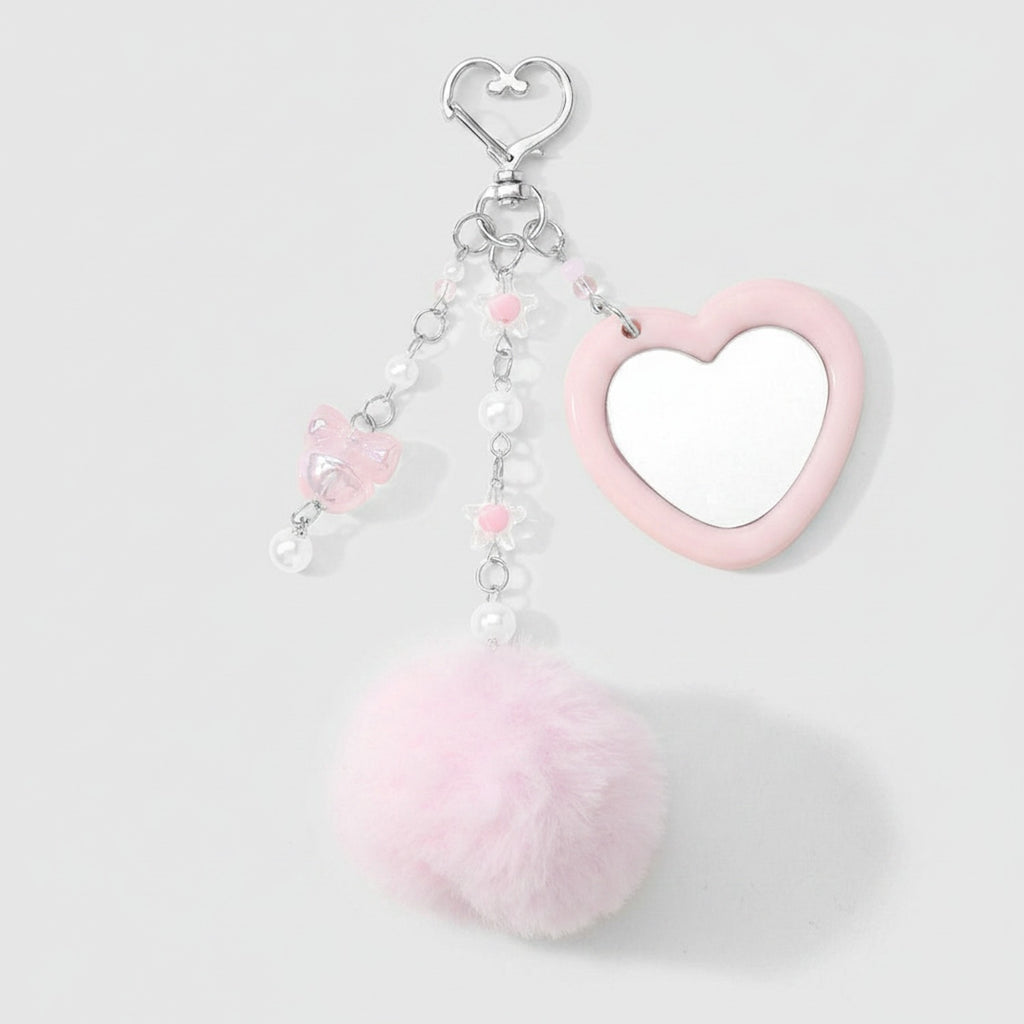 Pink Heart Acrylic Keyring With Fluffy Pom