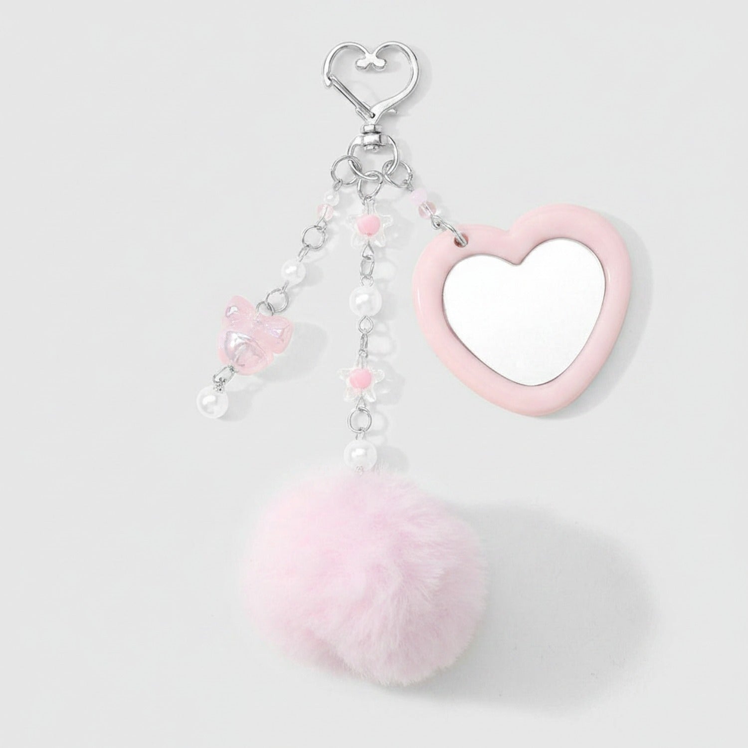 Pink Heart Acrylic Keyring With Fluffy Pom