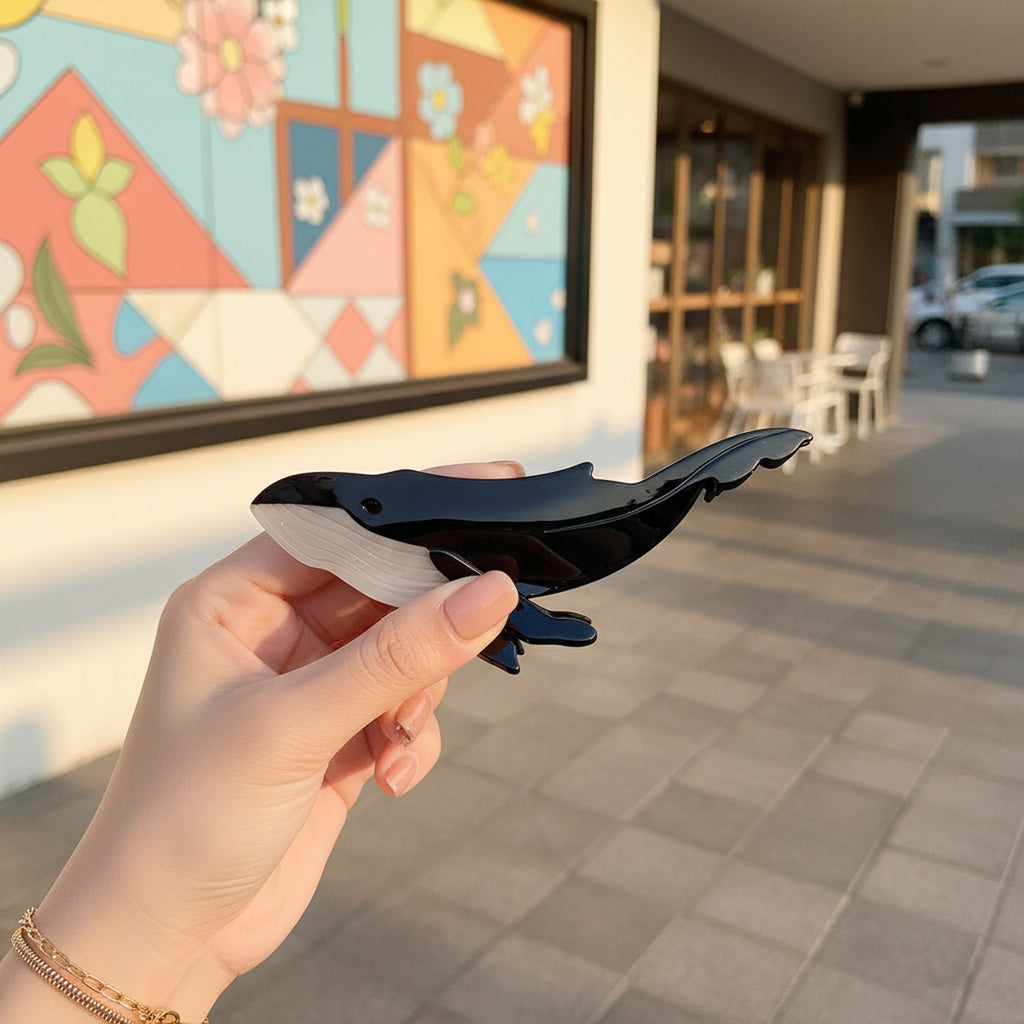 Whale Black White Enamel Hair Claw