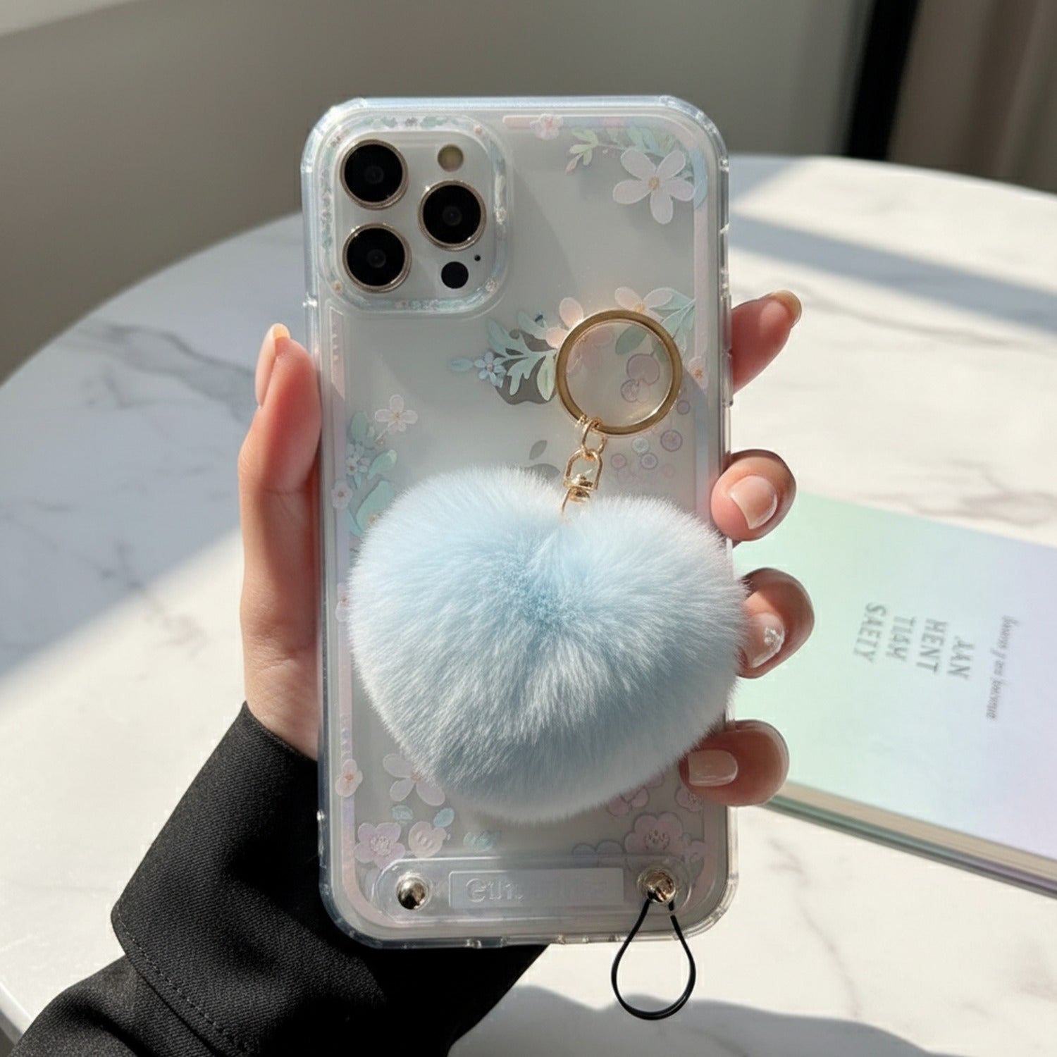 Beige Fuzzy Heart Pom Pom Keychain