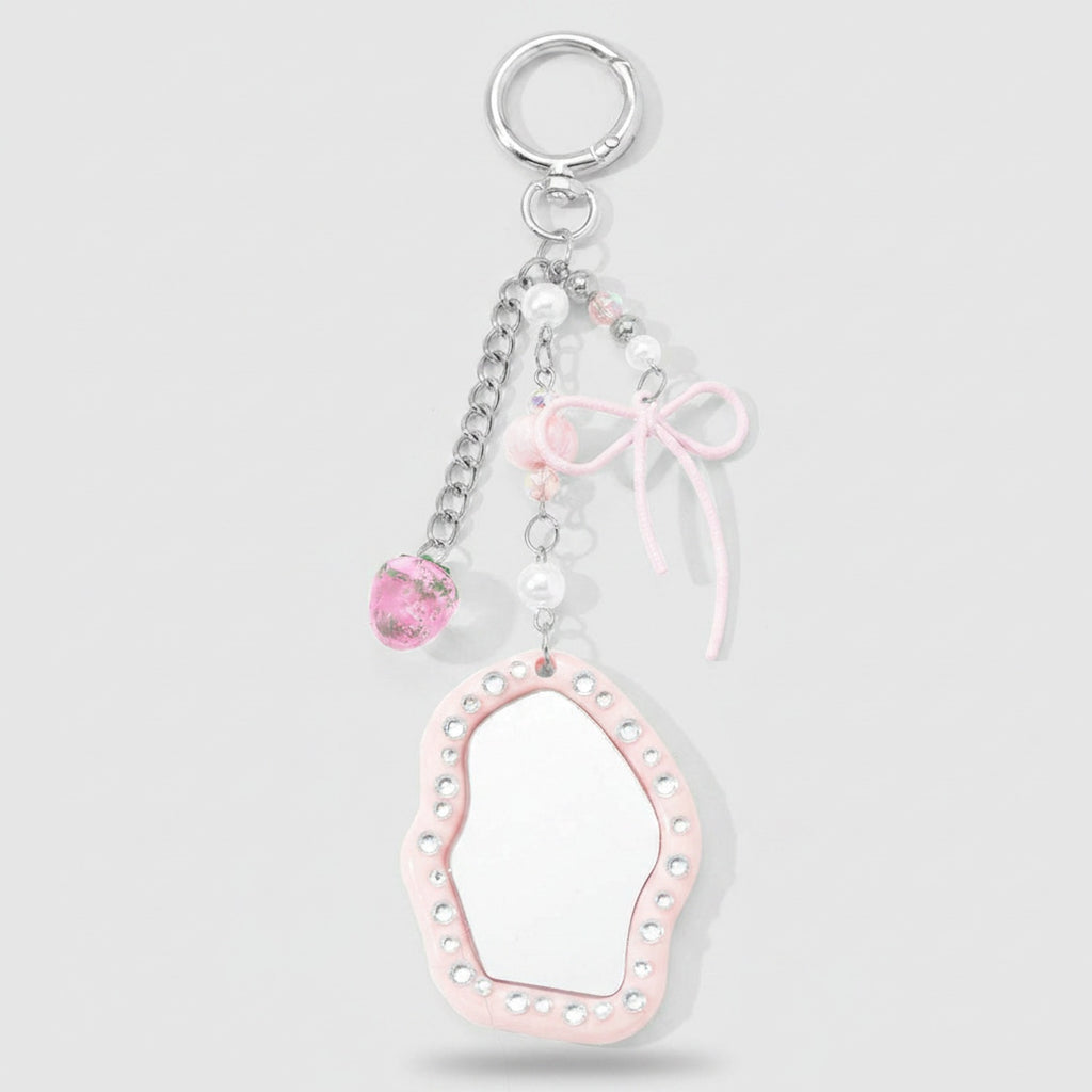 Pink Wavy Mirror Acrylic Keyring With Rhinestones And Bow