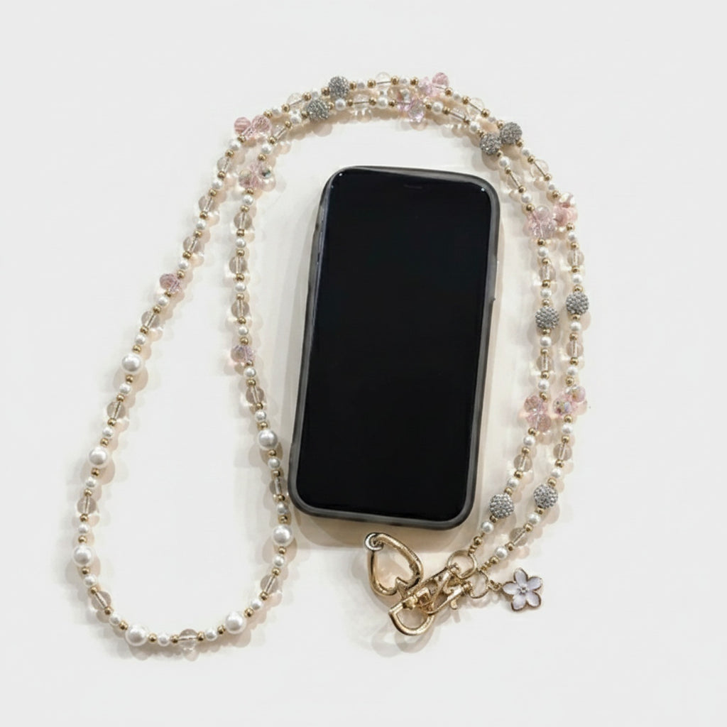 Pearl Beaded Phone Strap With Heart Charm
