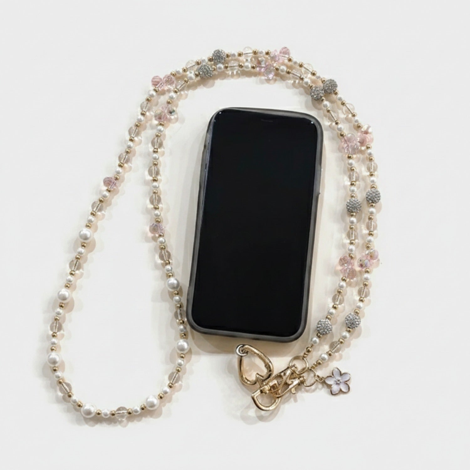 Pearl Beaded Phone Strap With Heart Charm