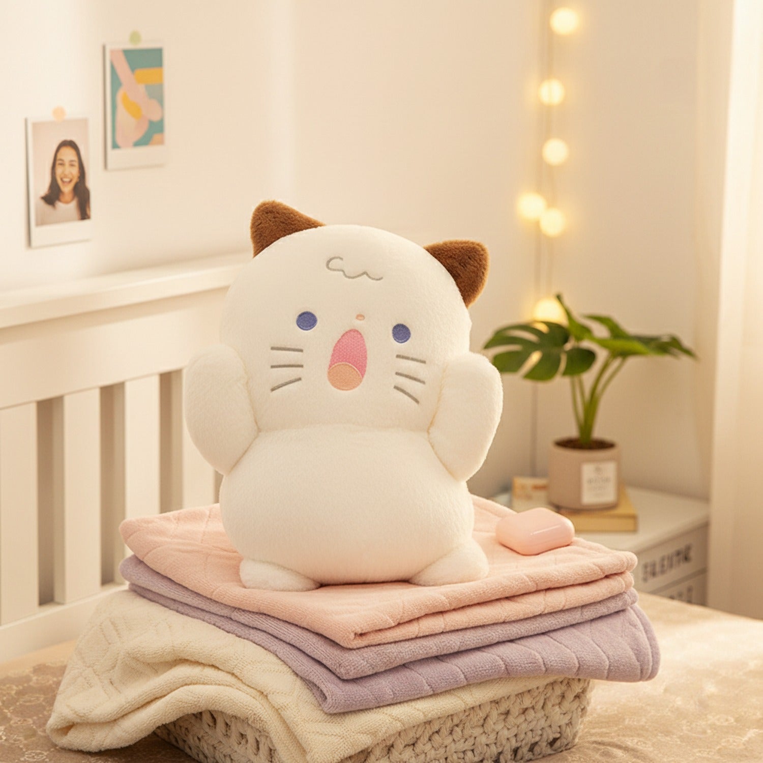 Adorable Cream Cat Plush Toy With Brown Ears