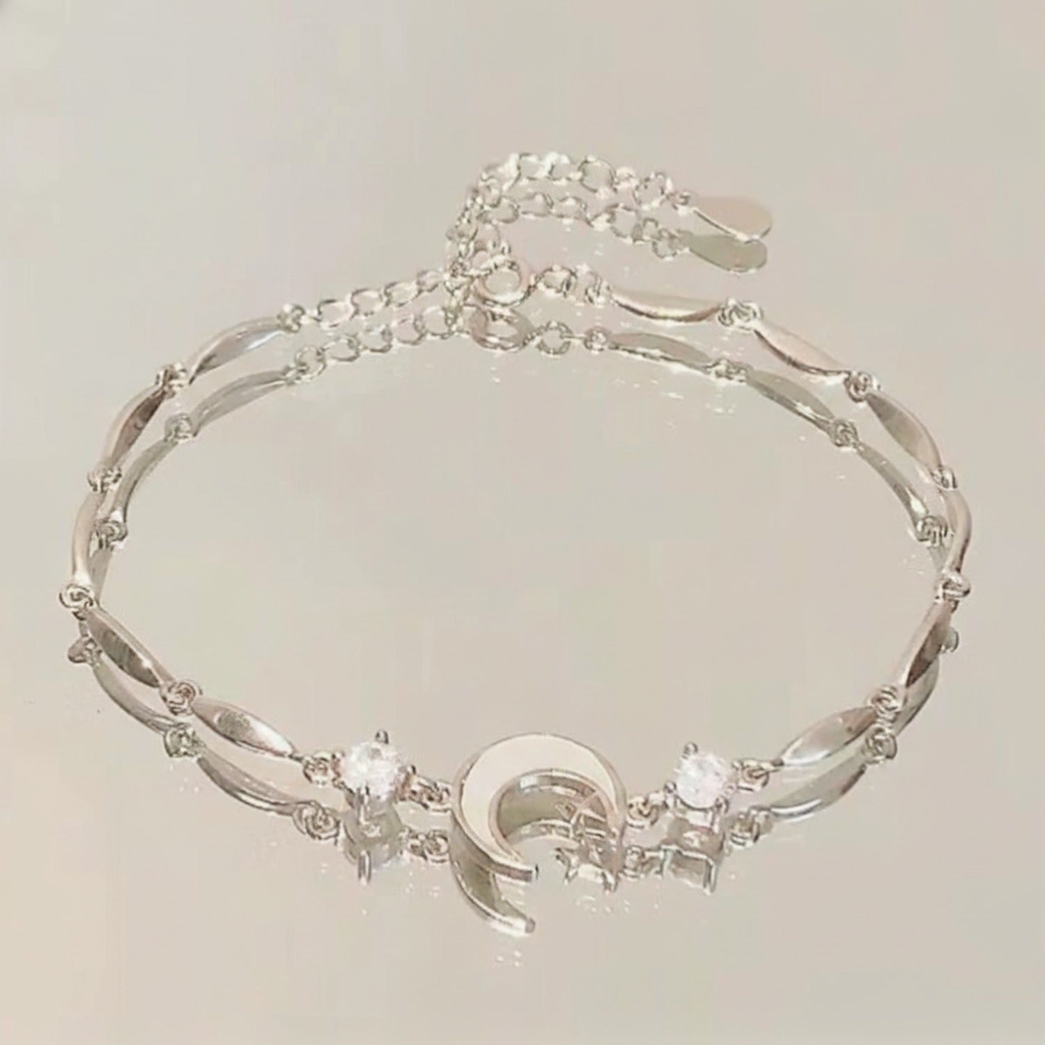 Silver Moon Charm Bracelet With Rhinestones