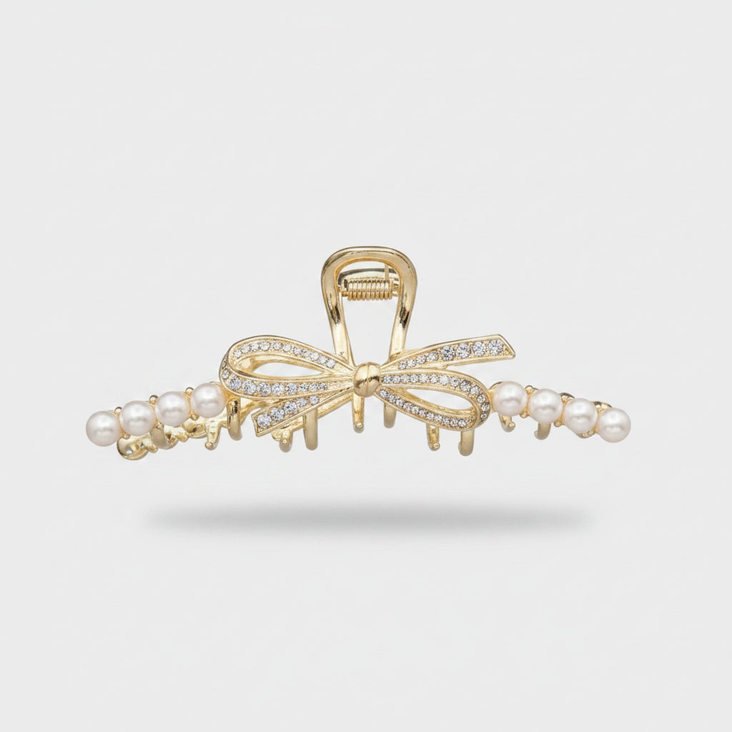 Gold Pearl And Rhinestone Bow Hair Claw
