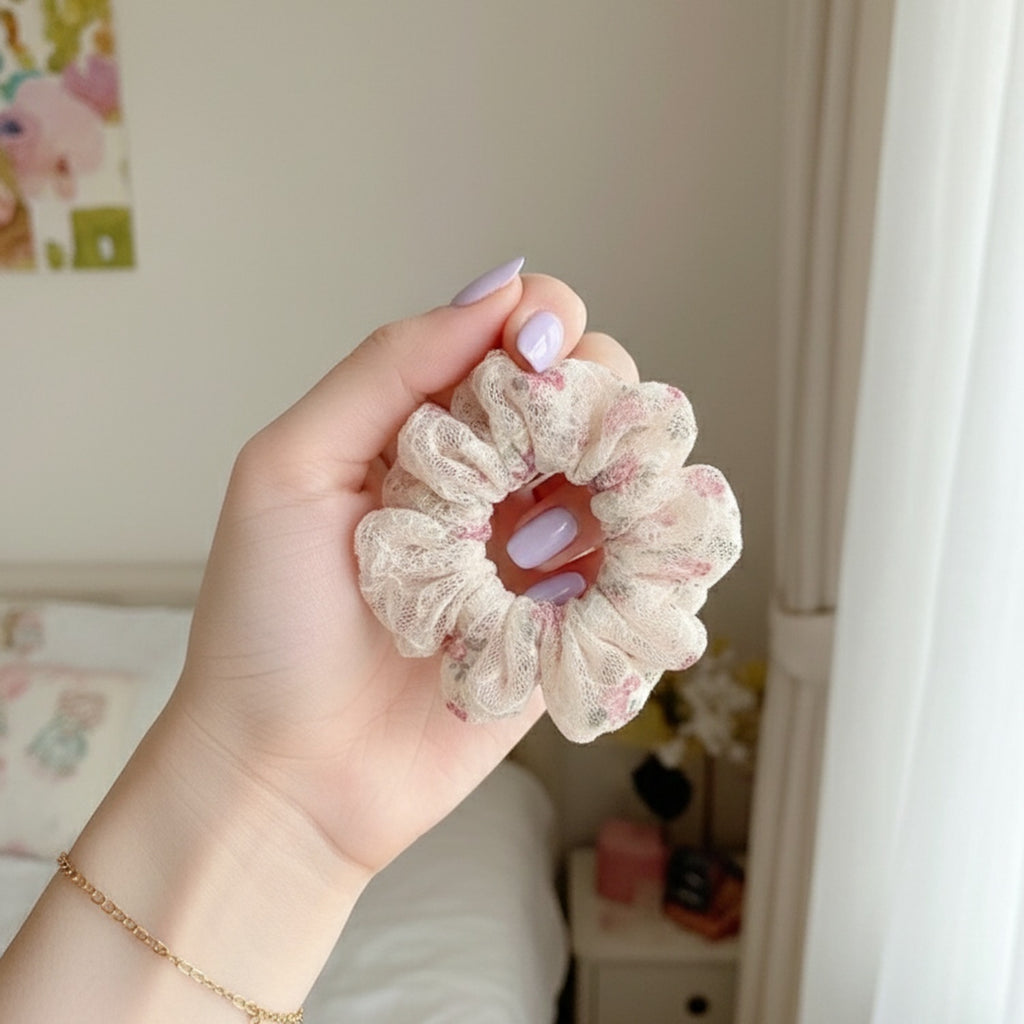 Floral Cream Crew Socks With Ruffle Top