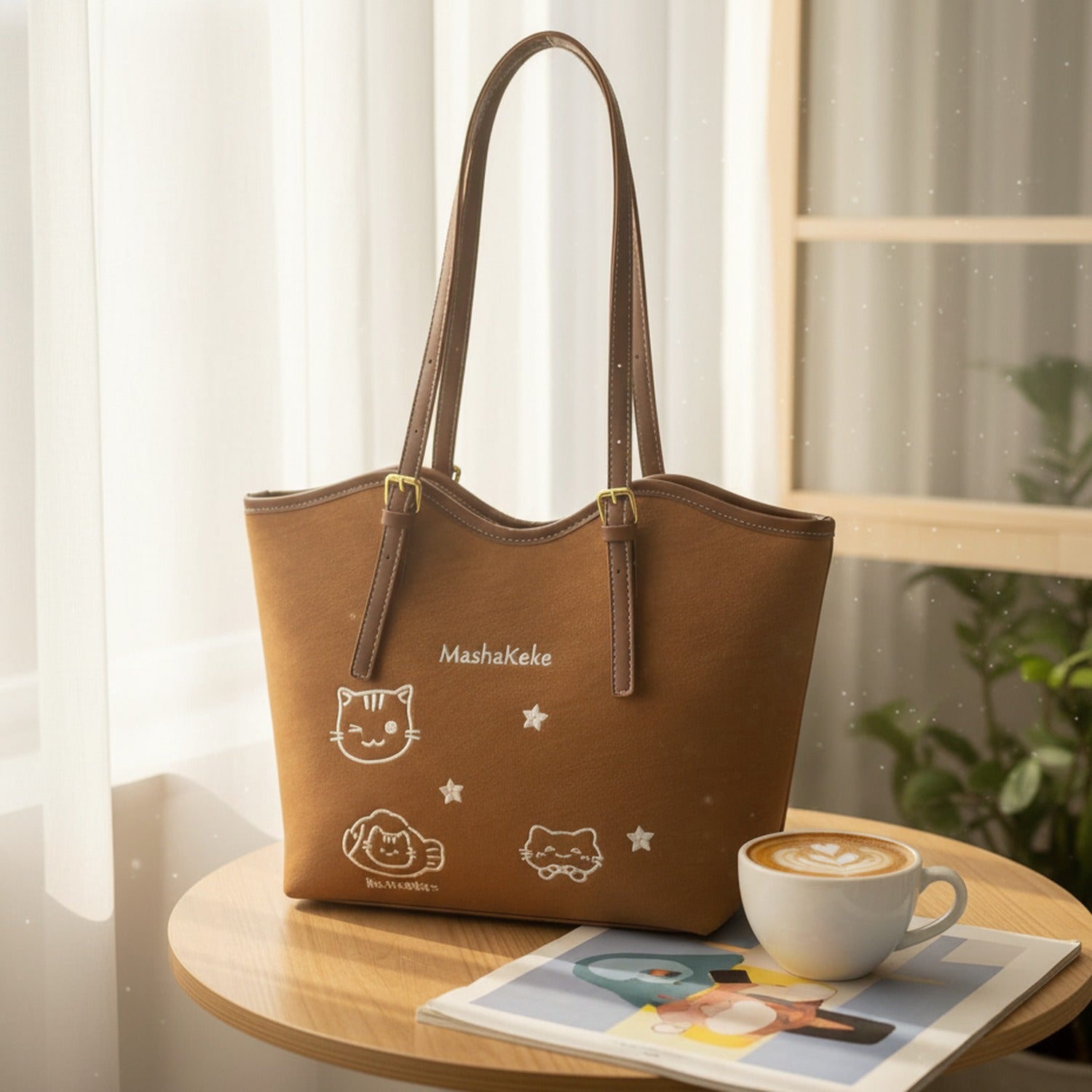 Brown Leather Tote Bag With Cat Star Charms