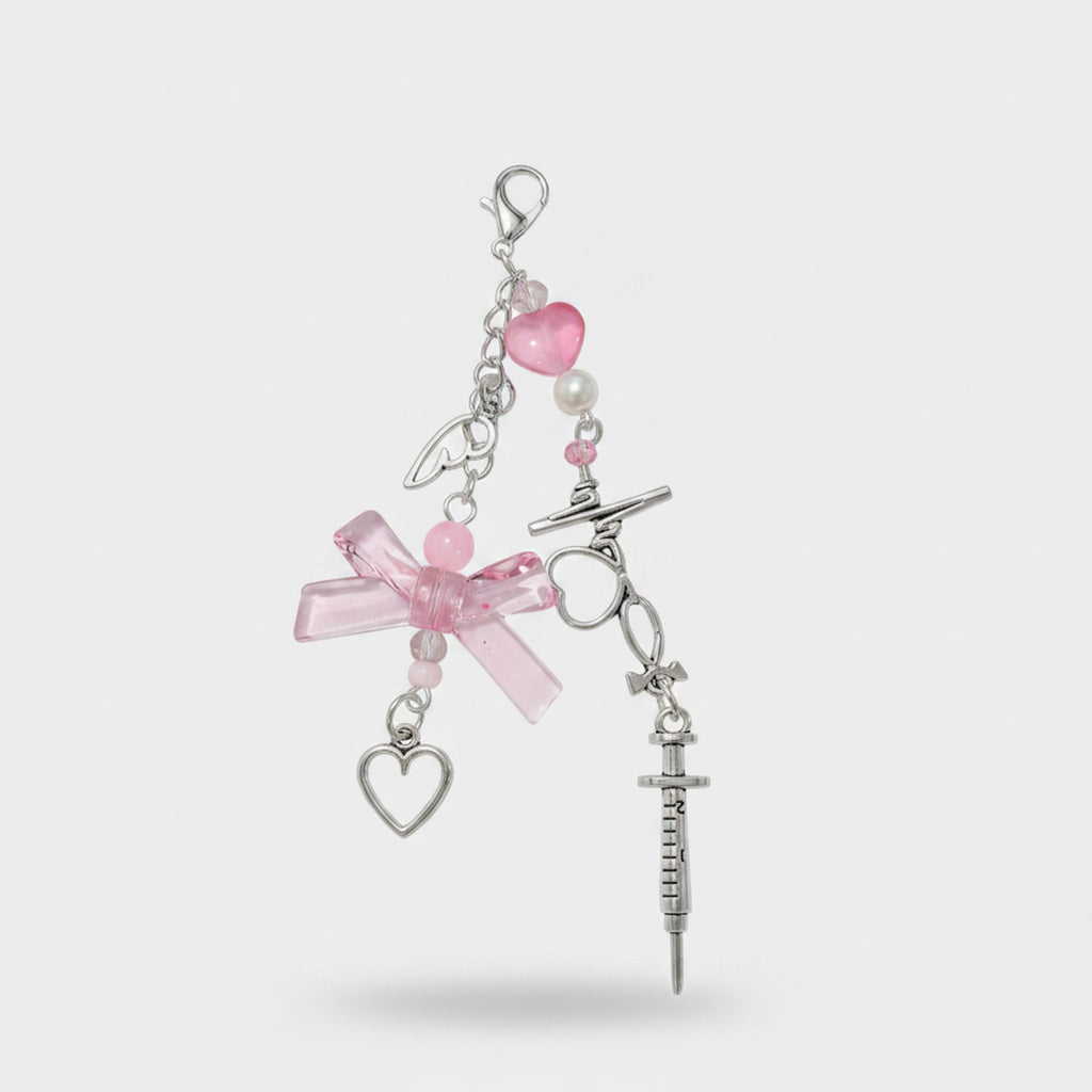 Pink Heart Bow Beaded Acrylic Keyring Charm