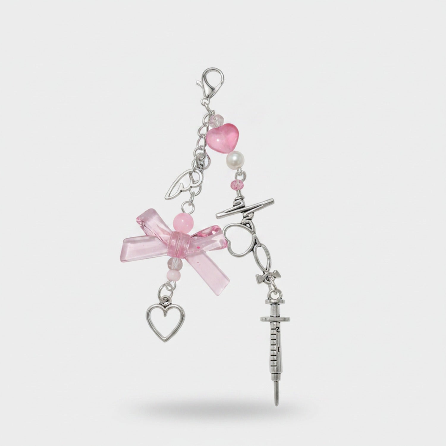 Pink Heart Bow Beaded Acrylic Keyring Charm