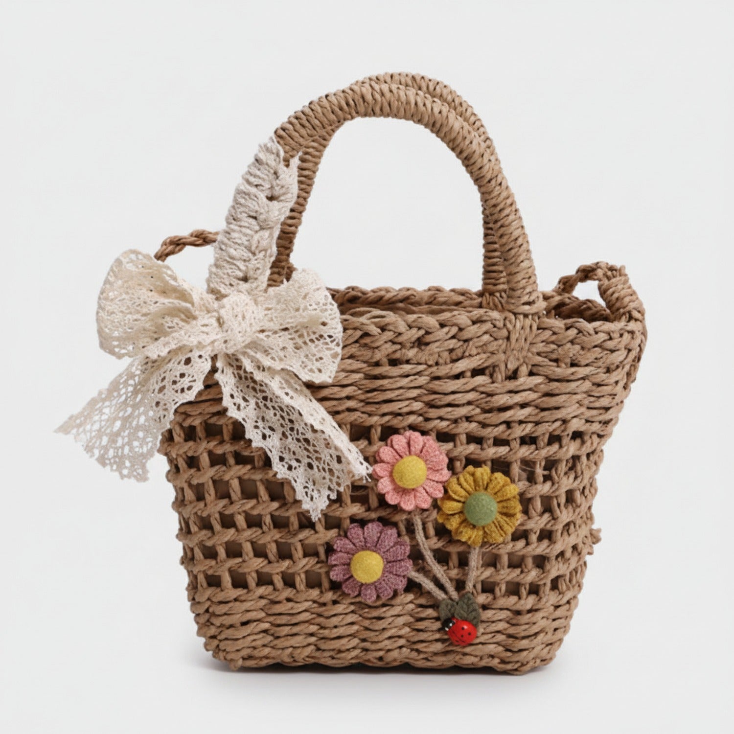 Woven Straw Basket Bag With Flower Charms